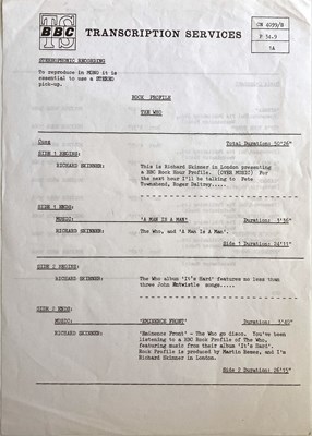 Lot 1253 - THE WHO - ROCK PROFILE BBC TRANSCRIPTION SERVICES LPs