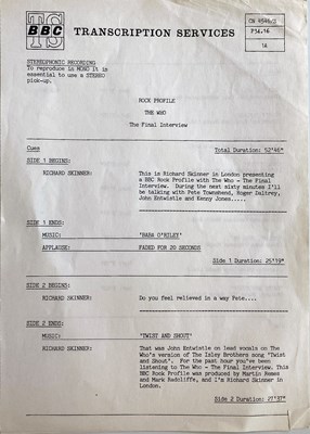 Lot 1253 - THE WHO - ROCK PROFILE BBC TRANSCRIPTION SERVICES LPs