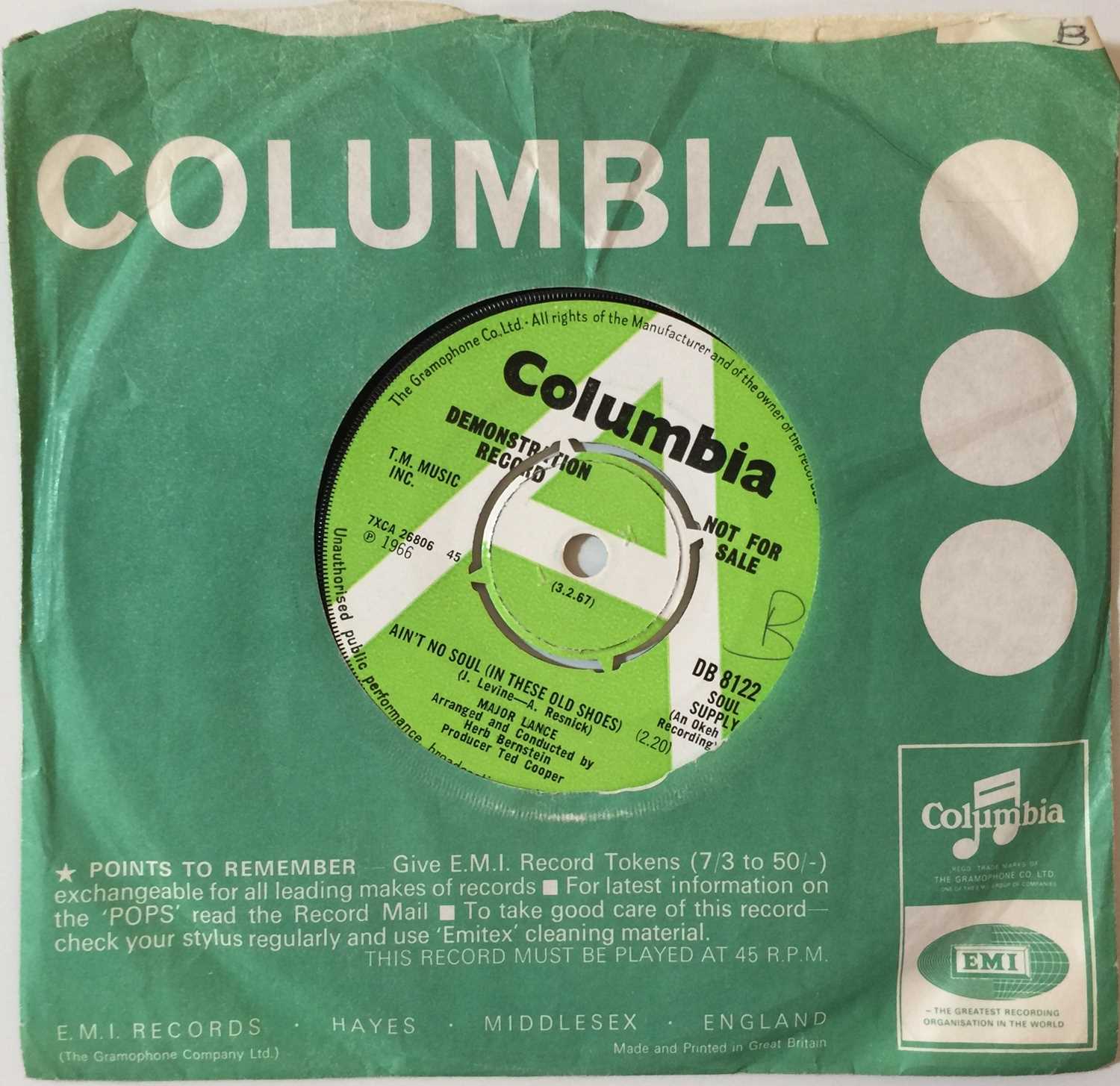 Lot 1 - MAJOR LANCE - AIN'T NO SOUL (IN THESE SHOES) 7" (ORIGINAL UK DEMO - COLUMBIA DB 8122)