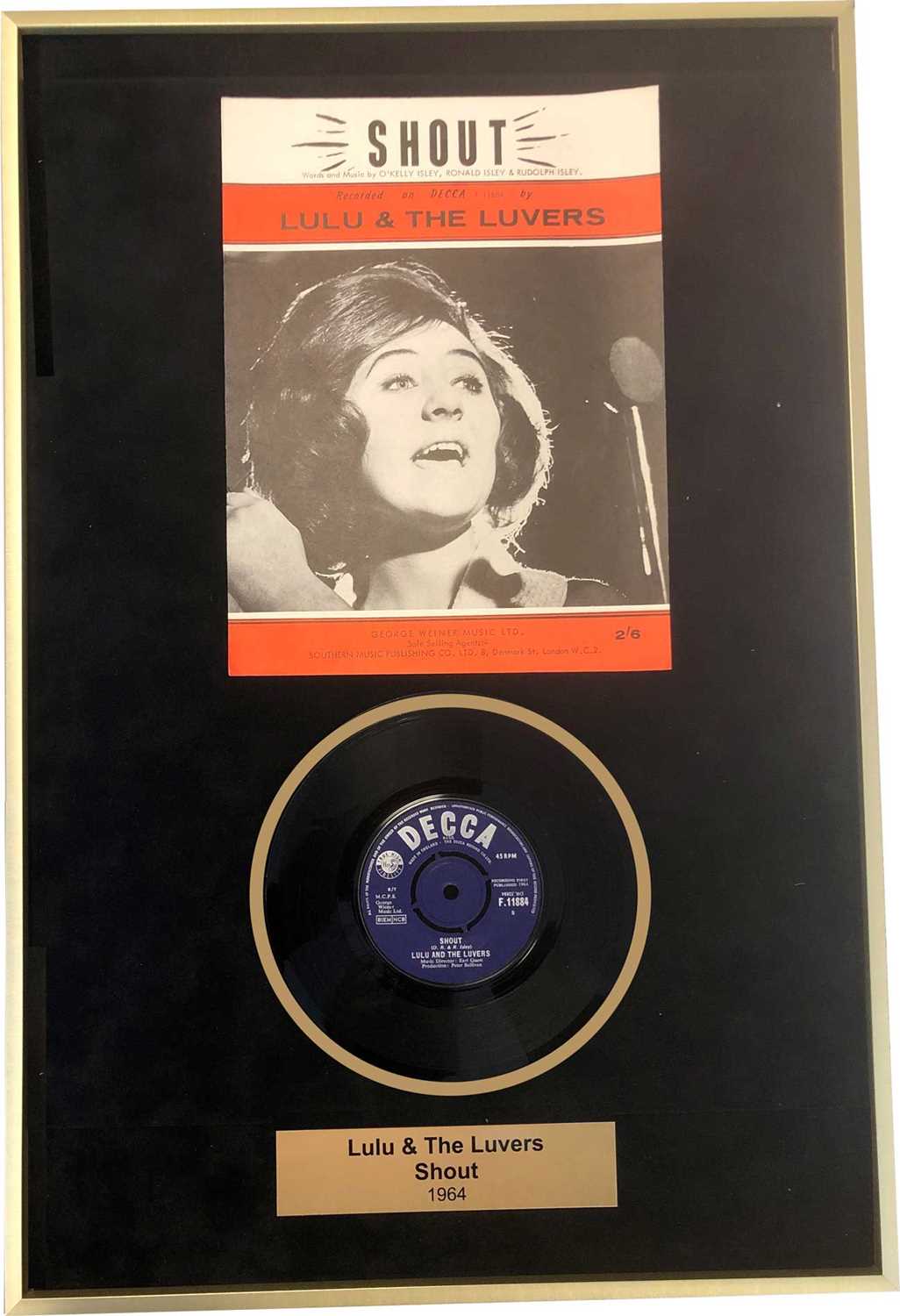 Lot 9 - LULU - ‘SHOUT’ 7” AND SHEET MUSIC, FRAMED AND SIGNED BY LULU