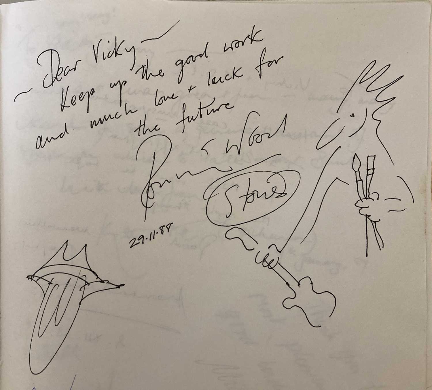 Lot 167 - AUTOGRAPH BOOK INC ROLLING STONES RONNIE WOOD SIGNATURE AND ORIGINAL SKETCH.