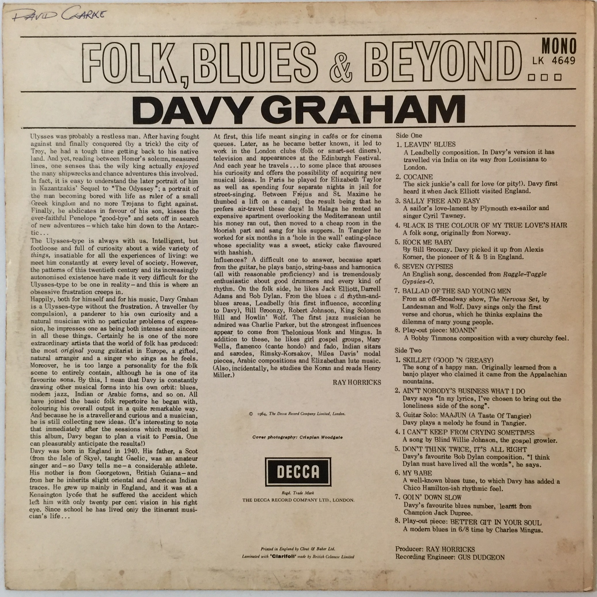 Lot 616 - DAVY GRAHAM - FOLK, BLUES & BEYOND LP