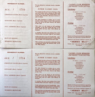 Lot 108 - THE CAVERN CLUB - JUNIOR MEMBERSHIP CARDS 1964.