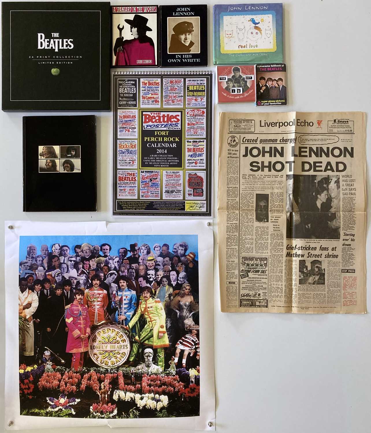 Lot 117 - BEATLES COLLECTABLES INC JOHN LENNON BOOKS, SGT PEPPERS PRINT.
