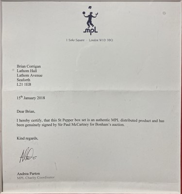 Lot 330 - PAUL MCCARTNEY SIGNED SGT PEPPERS WITH MPL LETTER AND LATHOM HALL DEDICATION FROM 2017