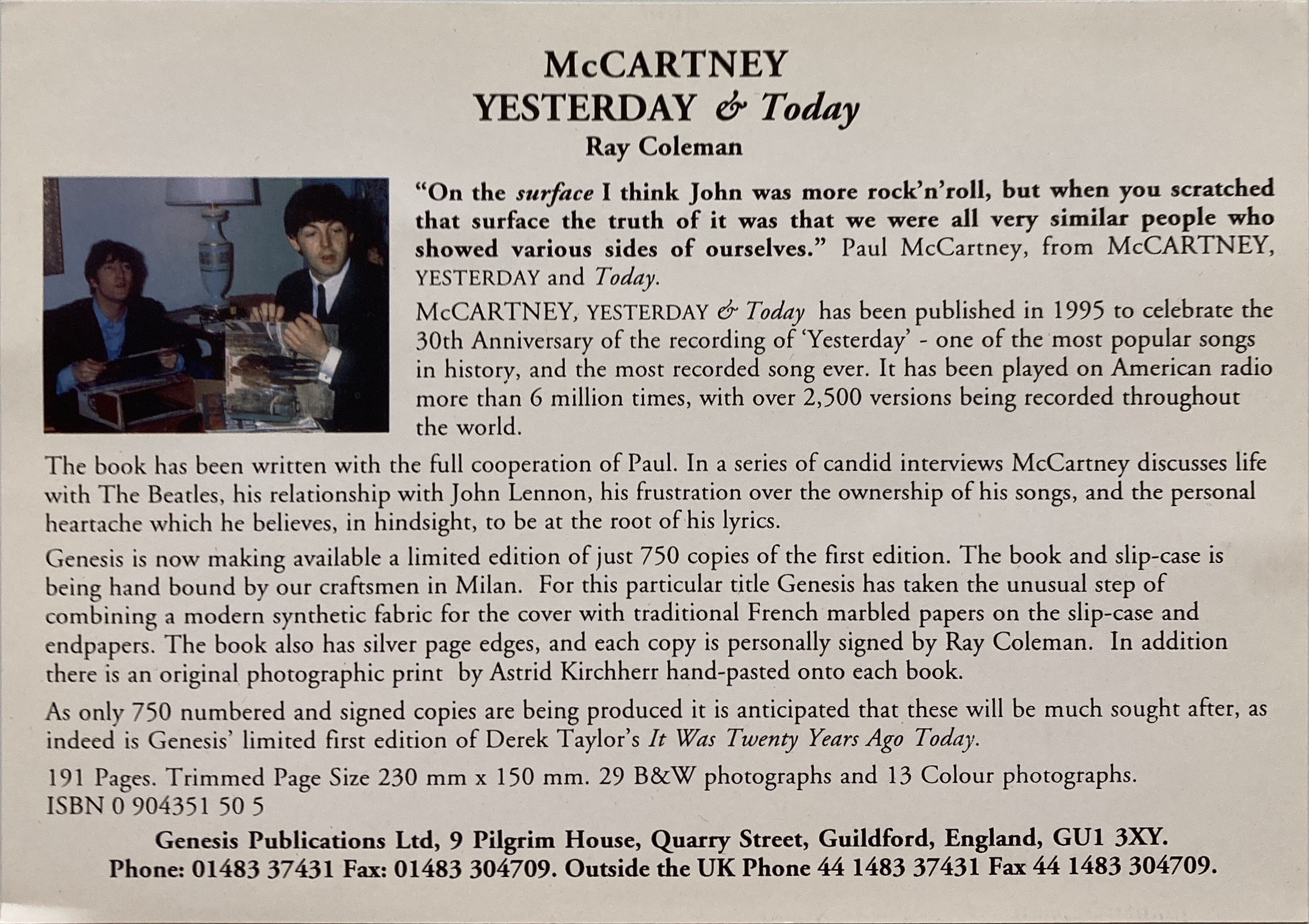 Lot 186 - PAUL MCCARTNEY - YESTERDAY AND TODAY -