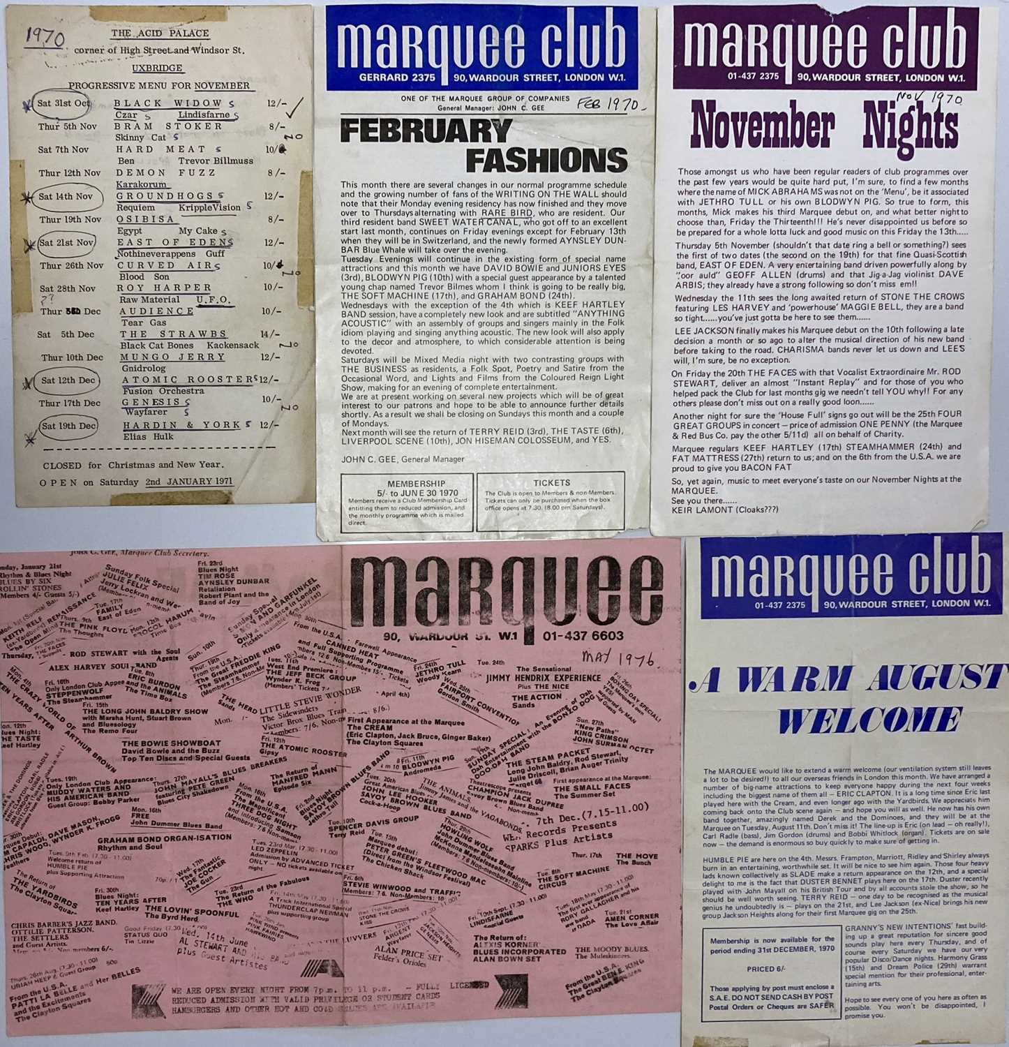 Lot 123 - MARQUEE CLUB HANDBILLS C 1970S - DAVID BOWIE / CLAPTON / YES.
