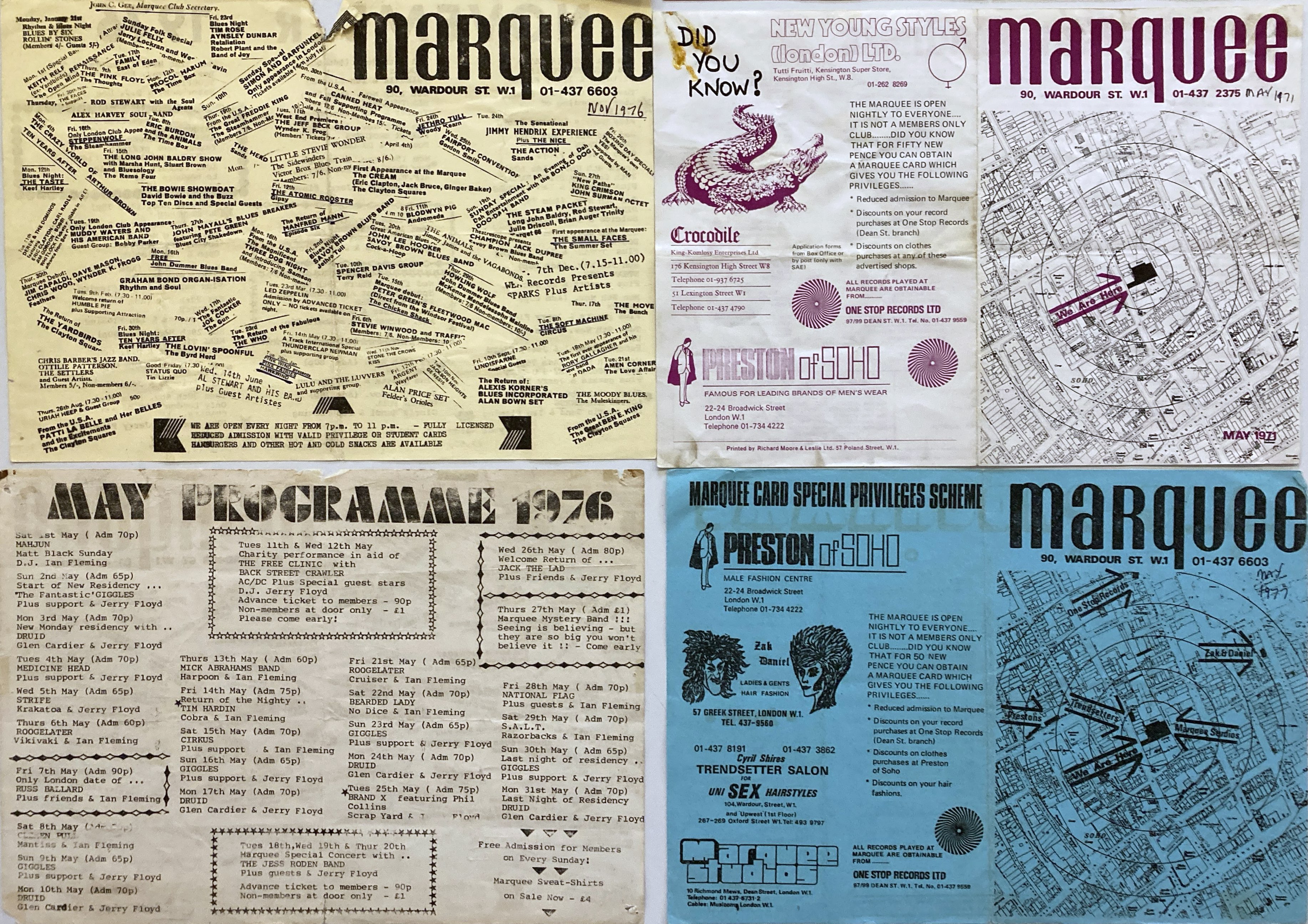 1970's Monthly Promotional Flyers for the Marquee Club Soho London