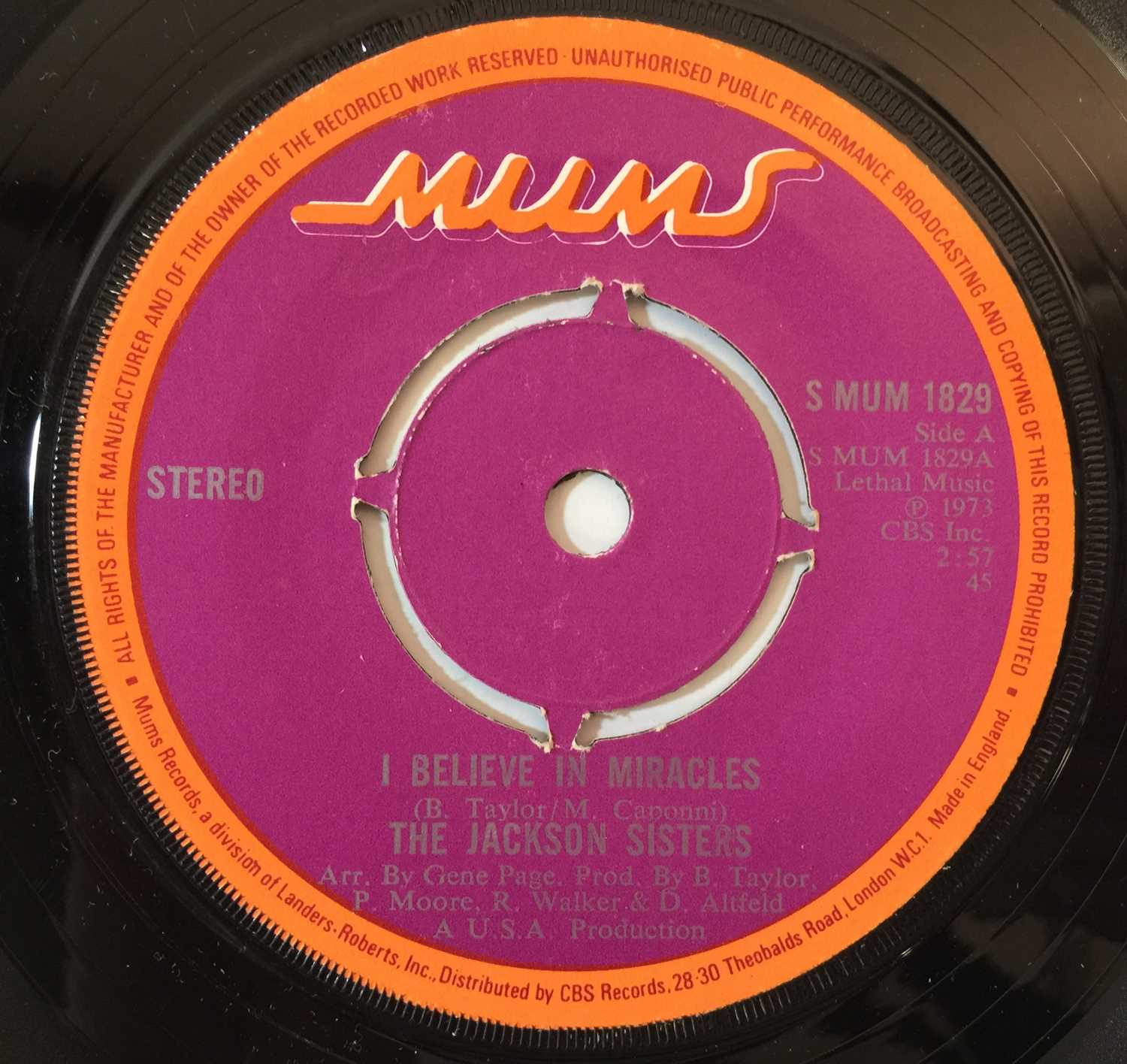 Lot 1003 - THE JACKSON SISTERS - I BELIEVE IN MIRACLES 7" (ORIGINAL UK COPY - MUMS RECORDS S MUM 1829)