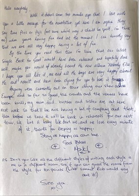 Lot 80 - TAKE THAT - ORIGINAL HANDWRITTEN LETTERS FROM THE BAND.