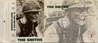 Lot 498 - THE SMITHS FULLY SIGNED MEAT IS MURDER CASSETTE INLAY CARD.