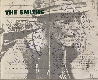 Lot 498 - THE SMITHS FULLY SIGNED MEAT IS MURDER CASSETTE INLAY CARD.