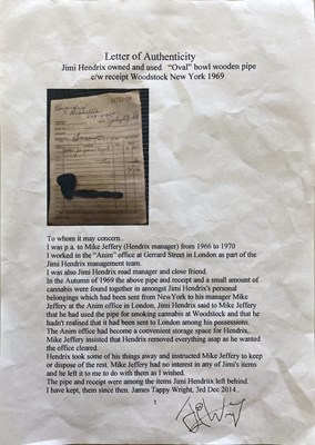 Lot 120 - JIMI HENDRIX OWNED AND USED PIPE AND WOODSTOCK RECEIPT.
