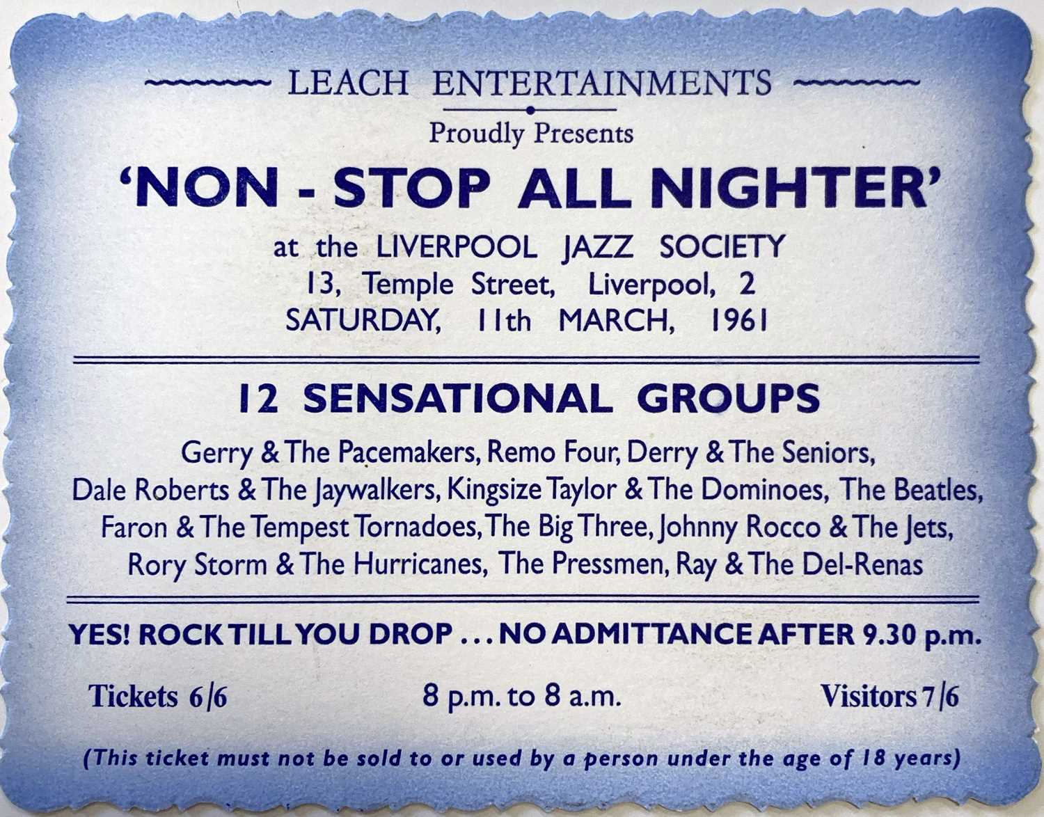 Lot 312 - BEATLES NON STOP ALL NIGHTER TICKET.