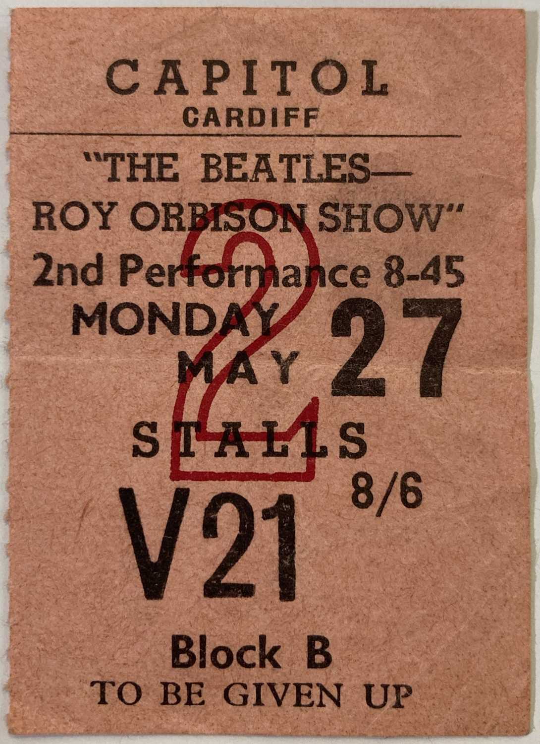 Lot 455 - THE BEATLES - ORIGINAL CAPITOL CARDIFF TICKET STUB.