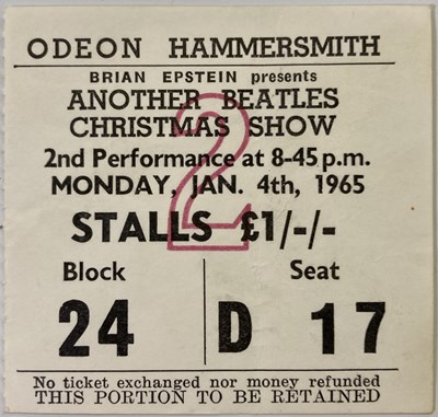 Lot 454 - THE BEATLES- 1965 CHRISTMAS SHOW TICKET STUB.