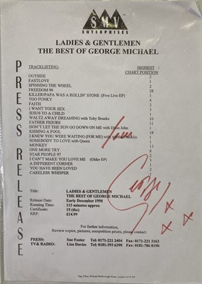 Lot 350 - GEORGE MICHAEL SIGNED PRESS SHEET.