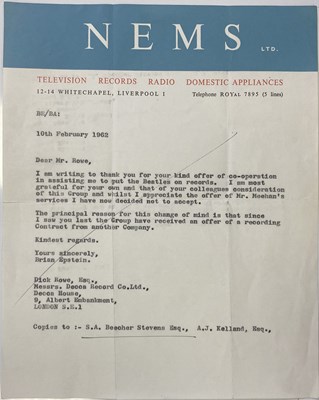 Lot 238 - THE BEATLES - HISTORICAL REJECTION LETTER FROM BRIAN EPSTEIN TO DECCA IN FEBRUARY 1962