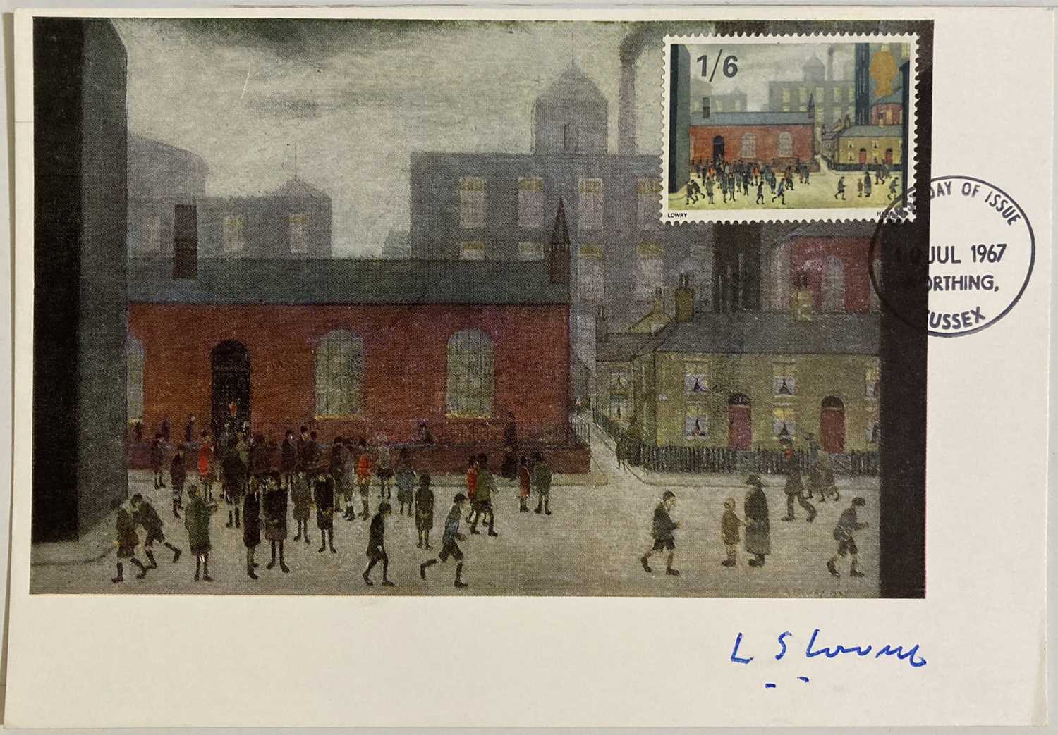 Lot 1 - L.S. LOWRY (1887-1976) ARTIST SIGNED POSTCARD - COMING OUT OF SCHOOL