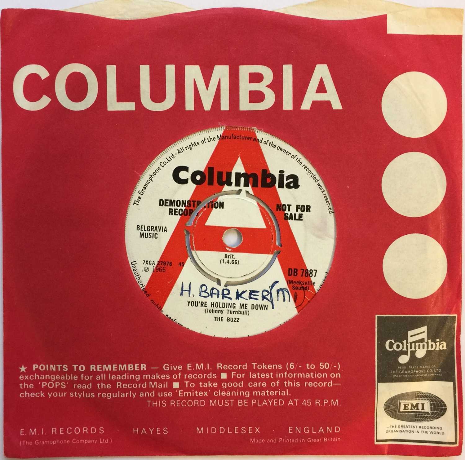 Lot 80 - THE BUZZ - YOU'RE HOLDING ME DOWN 7" (ORIGINAL UK DEMO - COLUMBIA DB 7887)