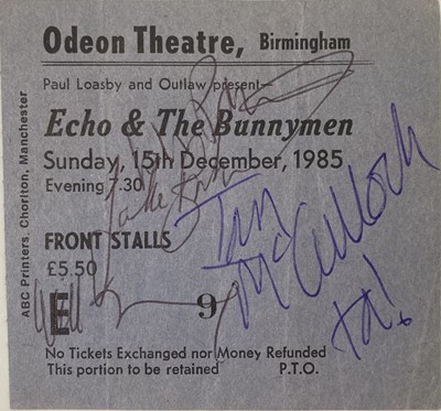 Lot 180 - ECHO AND THE BUNNYMEN SIGNED LP AND TICKET STUB WITH JAKE BROCKMAN.