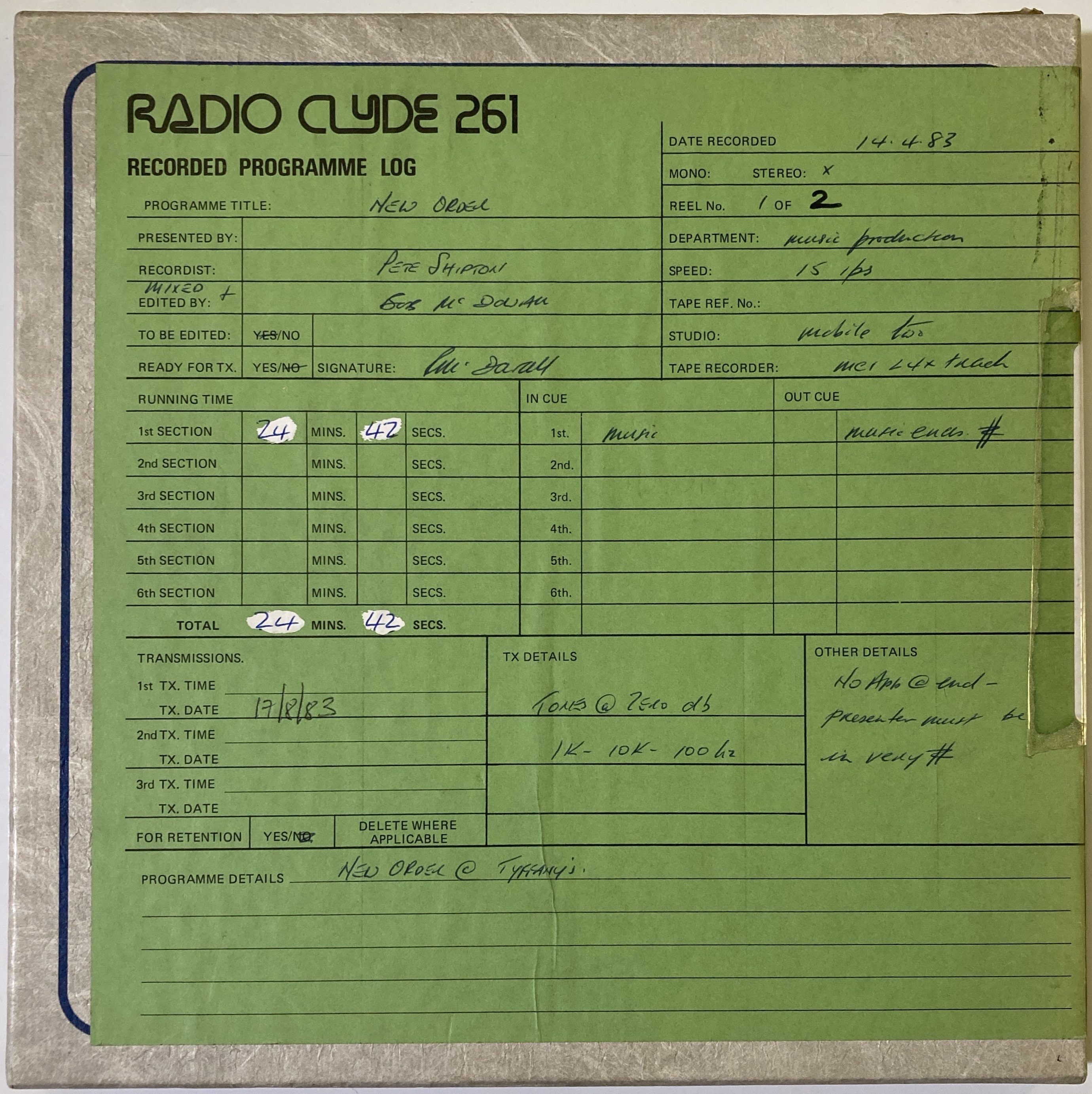 Lot 303 NEW ORDER LIVE RECORDING MASTER TAPE