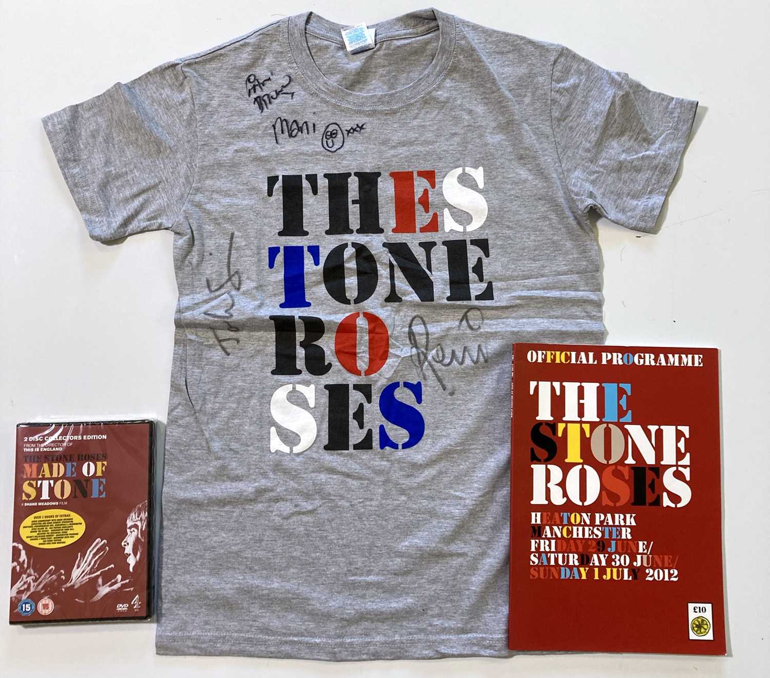 Lot 307 - STONE ROSES - SIGNED T-SHIRT, CONCERT PROGRAMME, DVD.