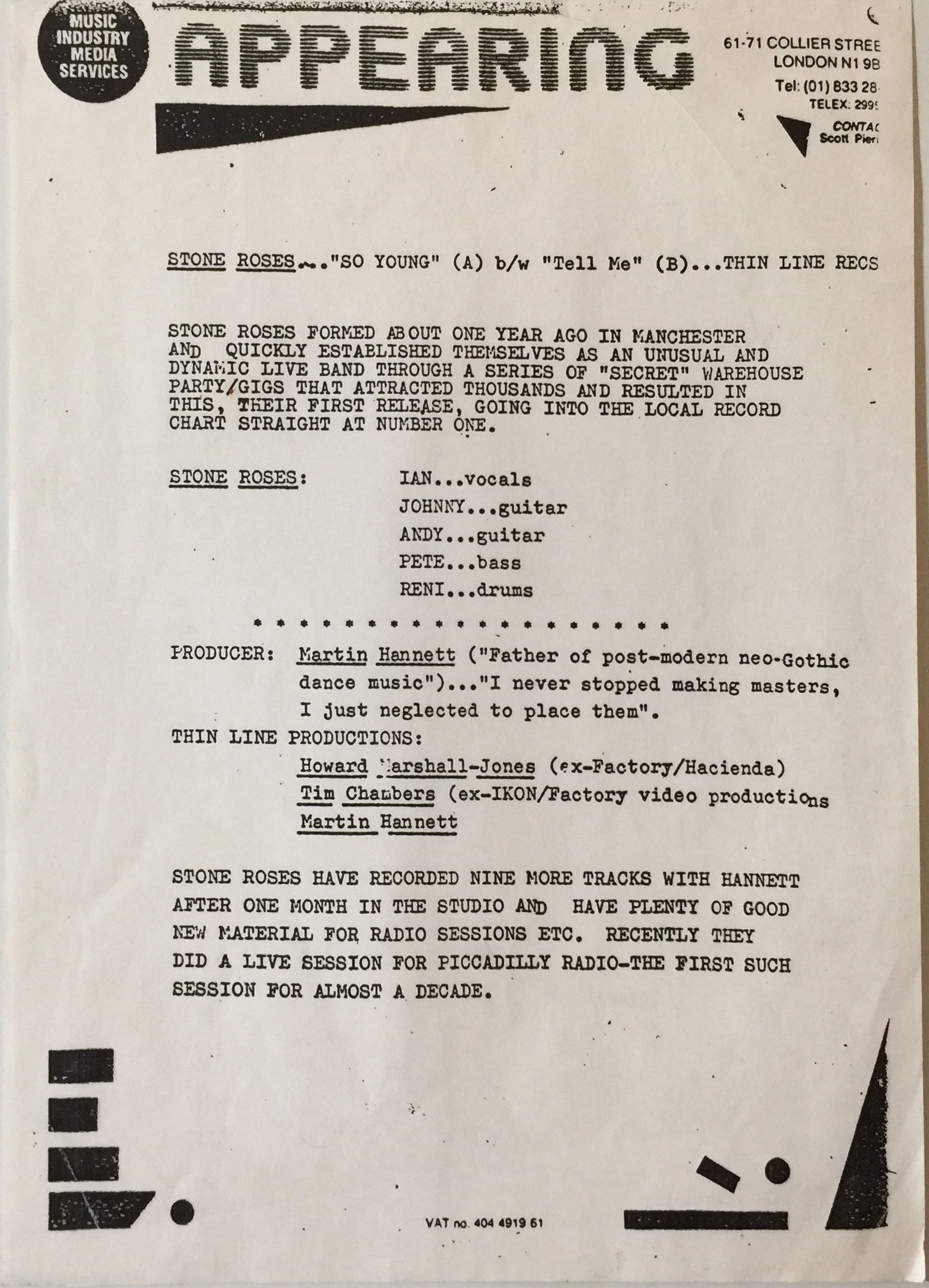 Lot 325 - STONE ROSES - SO YOUNG/TELL ME 12