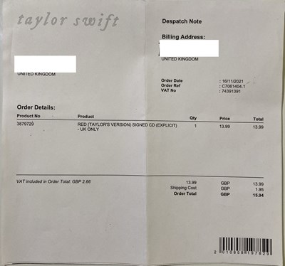 Lot 386 - TAYLOR SWIFT - RED (TAYLOR'S VERSION) CD WITH ALL TOO WELL LYRICS.