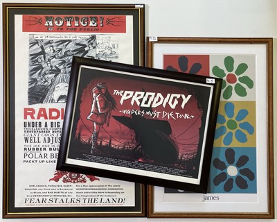 Lot 163 - JAMES, THE PRODIGY & RADIOHEAD FRAMED POSTERS.