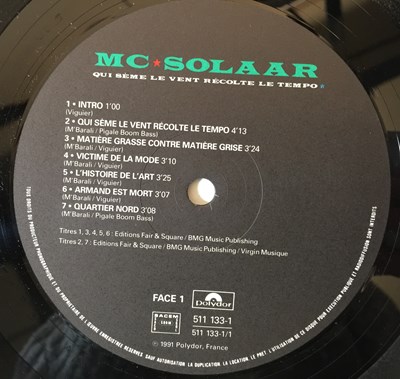 Lot 617 - MC SOLAAR - QUI SEME LE VENT RECOLTE LE TEMPO LP (FRENCH OG - 511 133-1)