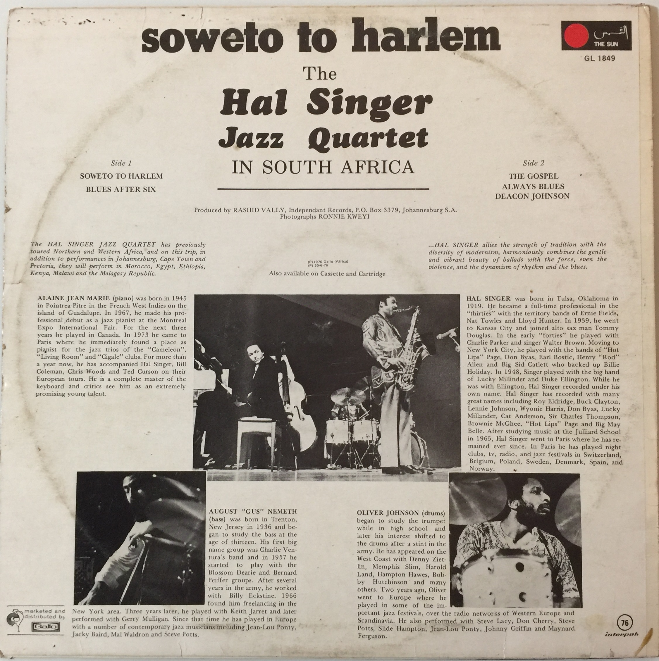 Lot 1053 - THE HAL SINGER JAZZ QUARTET - SOWETO TO