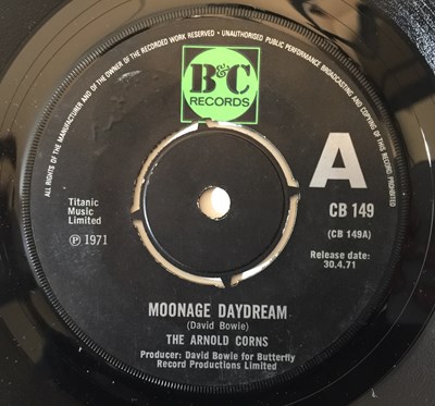 Lot 314 - THE ARNOLD CORNS - MOONAGE DAYDREAM/HANG ON TO YOURSELF 7" (ORIGINAL B&C DEMO COPY PLUS REISSUE)