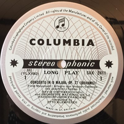 Lot 1325 - DAVID OISTRAKH - SAX 2411 - BRAHMS VIOLIN CONCERTO IN D MAJOR LP (ORIGINAL UK STEREO EDITION)