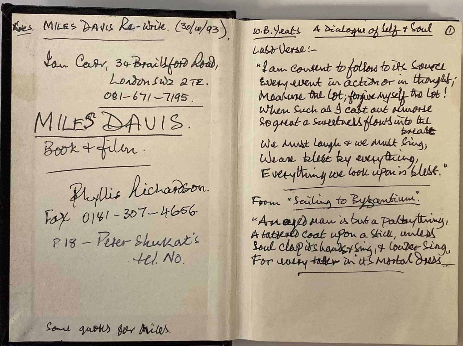 Lot 544 - IAN CARR NOTEBOOK USED WHILST WRITING MILES DAVIS AUTOBIOGRAPHY