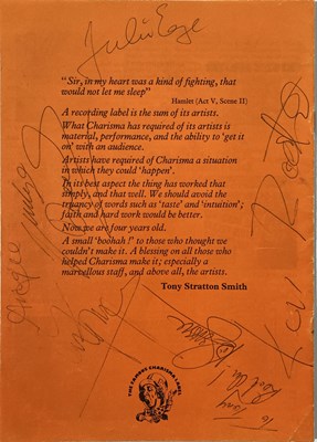 Lot 206 - CHARISMA RECORDS - 1974 SIGNED CATALOGUE SIGNED BY MANY ARTISTS.