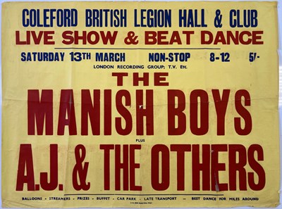 Lot 237 - DAVID BOWIE AND THE MANISH BOYS  - A RARE CONCERT POSTER FOR A CANCELLED SHOW IN COLEFORD, 1965.