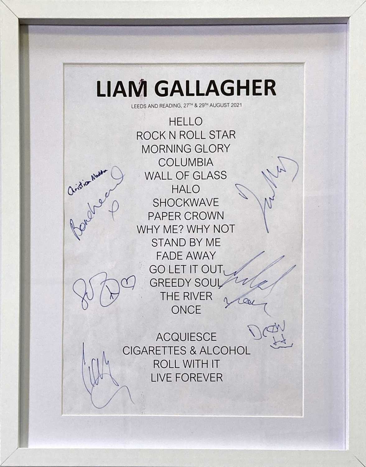 Lot 380 - ROCK AND ROLL AUCTION FOR DEAF AWARENESS - LIAM GALLAGHER SIGNED SET LIST.
