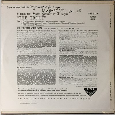 Lot 42 - CURZON/ THE VIENNA OCTET - SCHUBERT: THE TROUT QUINTET LP (SIGNED - ED1 - SXL 2110)