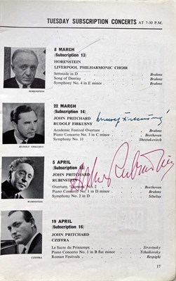 Lot 309 - LIVERPOOL PHILHARMONIC CONCERT SYLLABUS 1959/60 SIGNED BY RUBINSTEIN AND OTHERS.