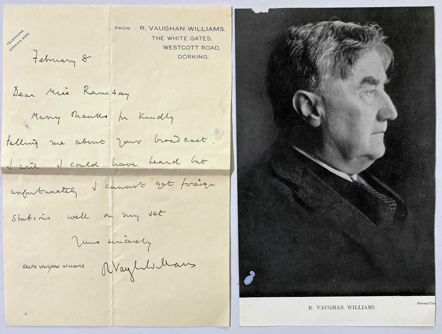 Lot 338 - RAPLH VAUGHAN WILLIAMS - A HANDWRITTEN LETTER.