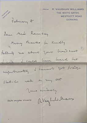 Lot 338 - RAPLH VAUGHAN WILLIAMS - A HANDWRITTEN LETTER.