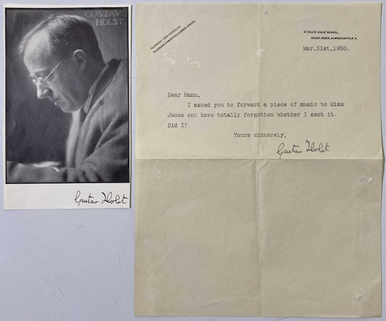 Lot 342 - GUSTAV HOLST - A SIGNED LETTER.