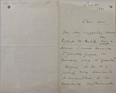 Lot 343 - LEO DELIBES - A HANDWRITTEN LETTER.