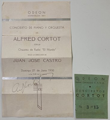 Lot 344 - ALFRED CORTOT - SIGNED FLYER WITH CONCERT TICKET.