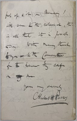 Lot 346 - HUBERT PARRY (1848 - 1918) - A HANDWRITTEN LETTER WITH SIGNATURE.