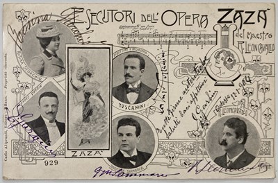 Lot 354 - ZAZA - A PROMOTIONAL POSTCARD SIGNED BY TOSCANINI AND OTHERS.