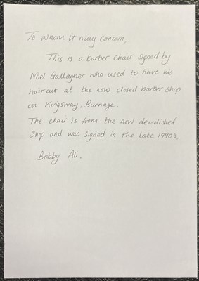 Lot 461 - NOEL GALLAGHER SIGNED BARBERS CHAIR FROM BURNAGE