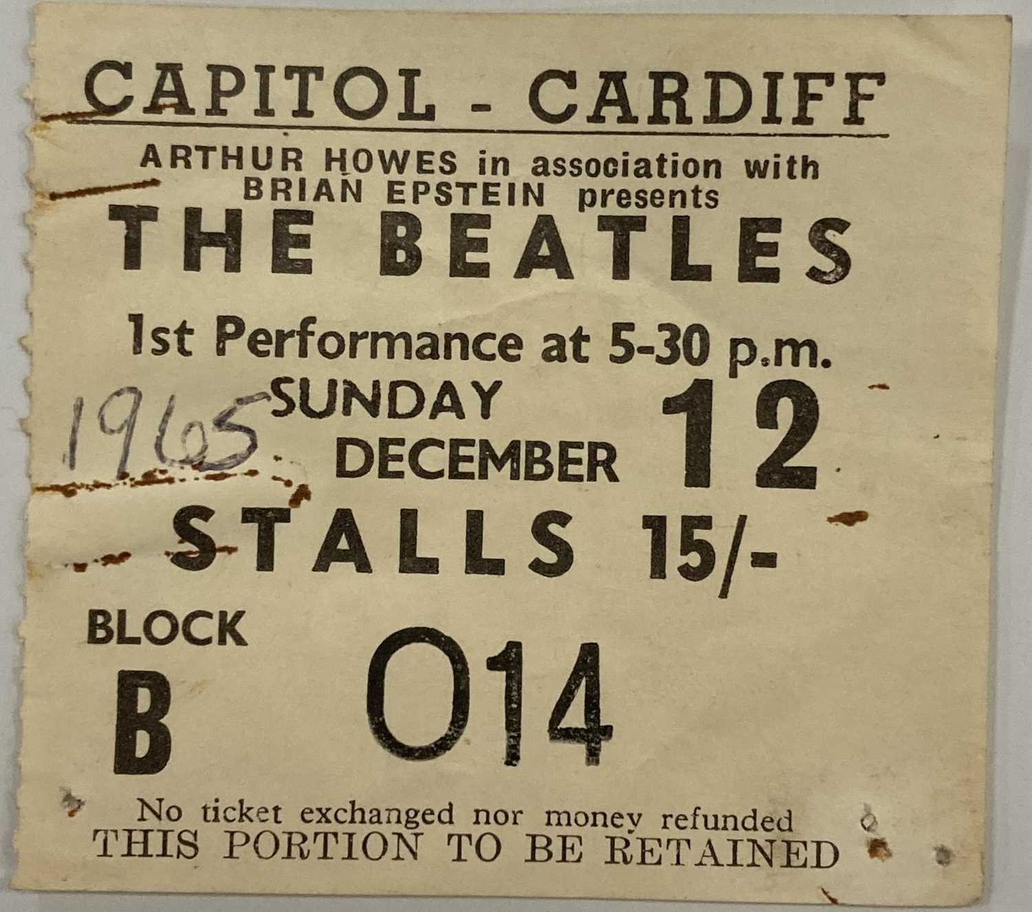 Lot 165 - THE BEATLES CAPITOL THEATRE CARDIFF 1965 TICKET STUB