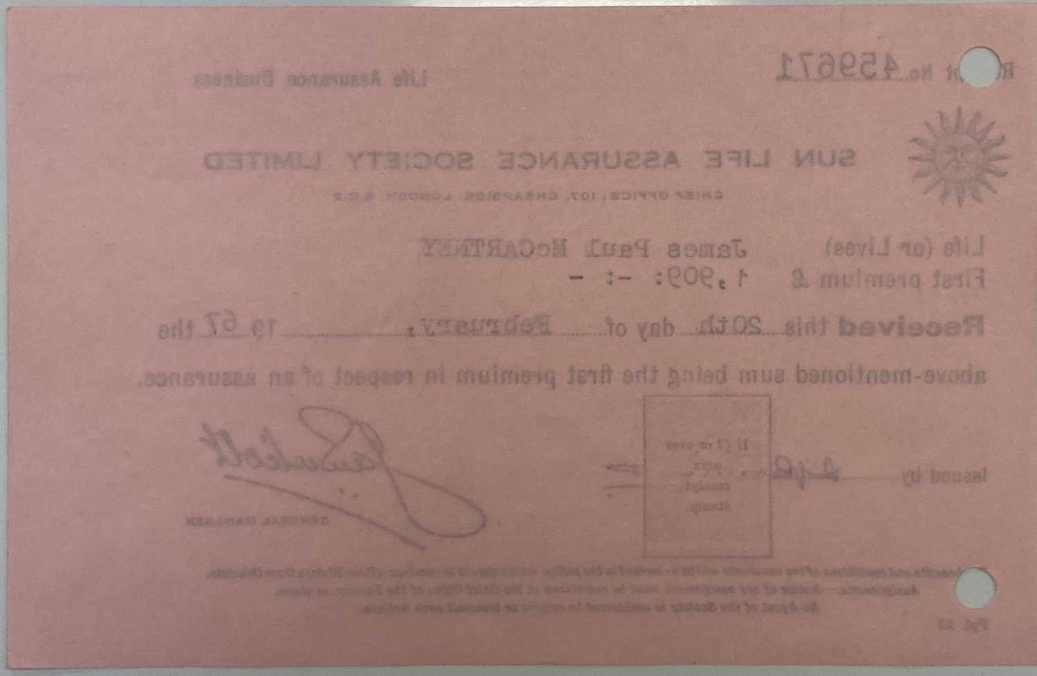 Lot 167 PAUL MCCARTNEY INSURANCE DOCUMENT
